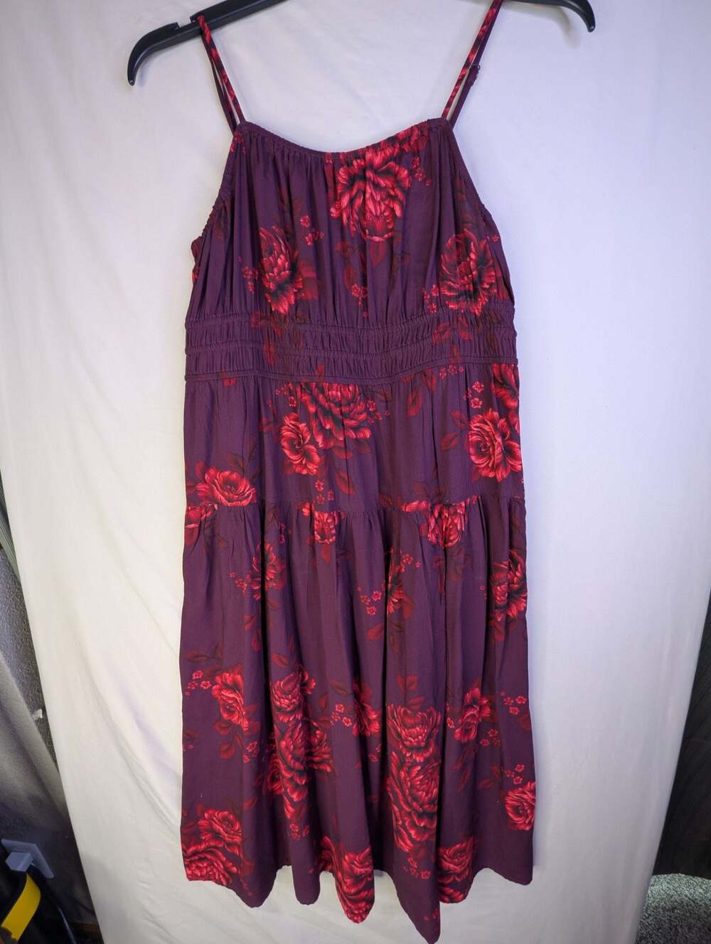 Old Navy Women'sPurple & Red Floral Print Sleeveless Smocked Tiered Midi Dress L